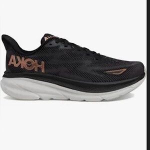 Hoka Black and Rose Gold Athletic Clifton 9 Sneakers
